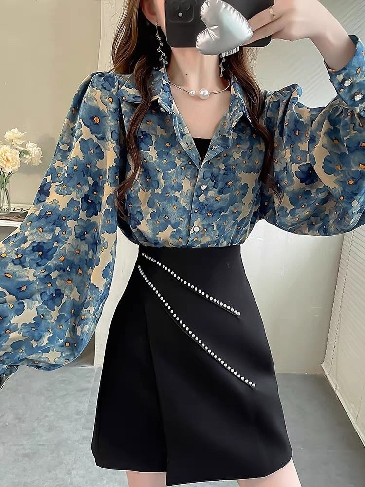 Women’s Elegant Floral Print Lantern Sleeve Blouse – Temperament Slim Fit Shirt