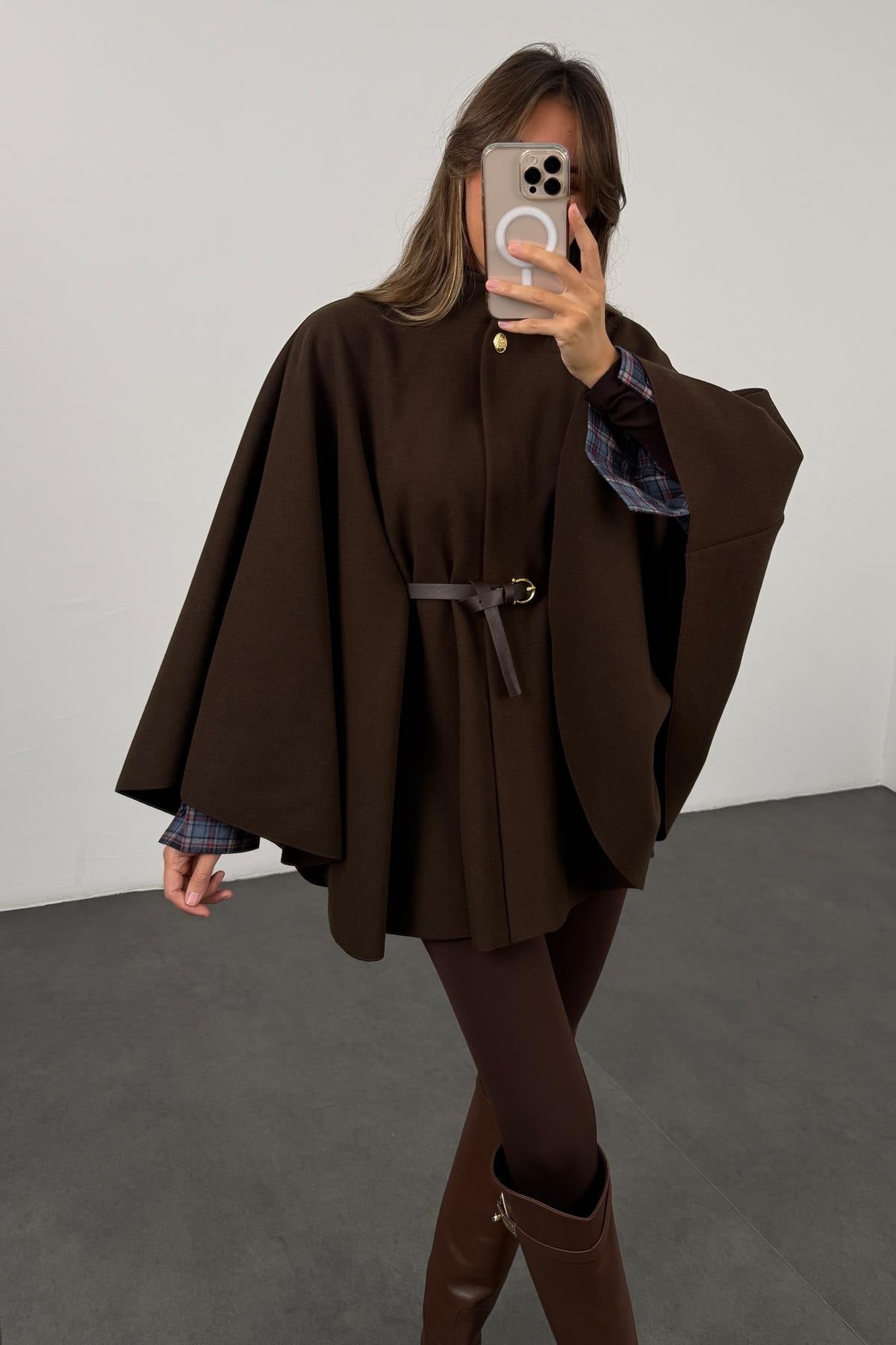 Winter Elegant Woolen Cape Coat – Mid-Length Belted Poncho Style