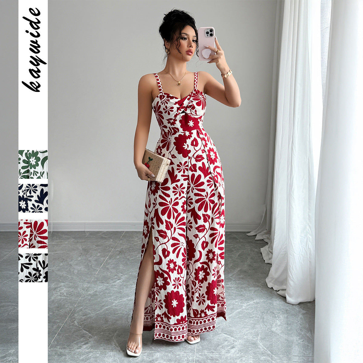 Elegant Graceful Printed Suspender Long Dress Women