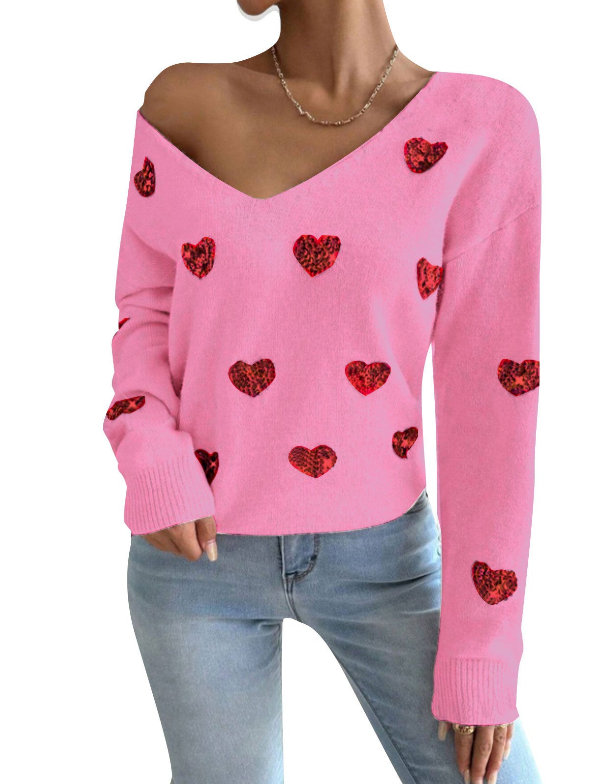 Women’s Embroidered V-Neck Pullover Sweater – Casual Heart Pattern Knit Top