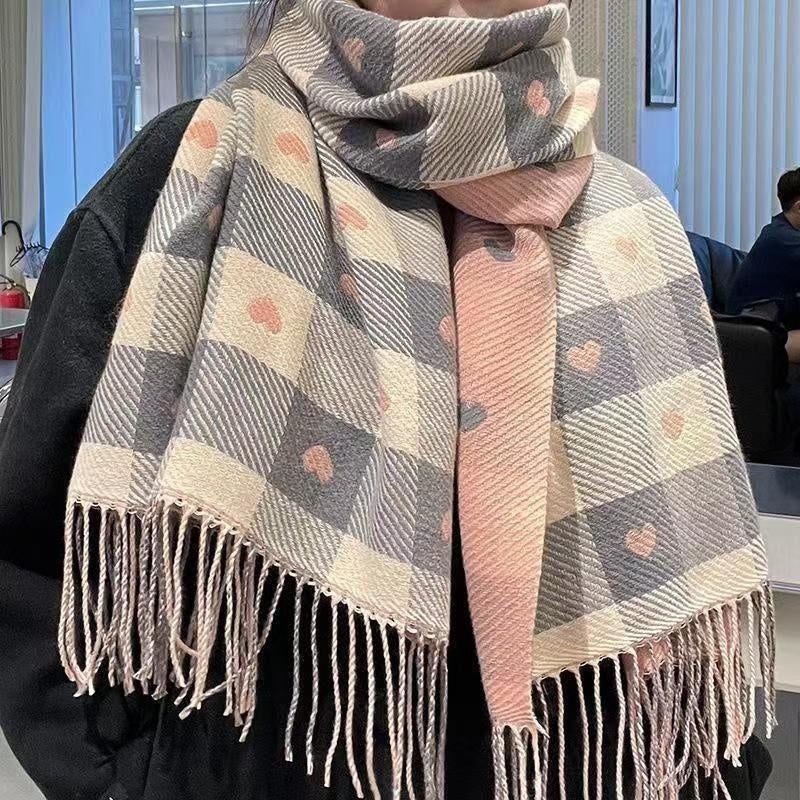 Women’s Winter Heart Plaid Cashmere Scarf – Thick Warm Checkered Shawl with Fringe