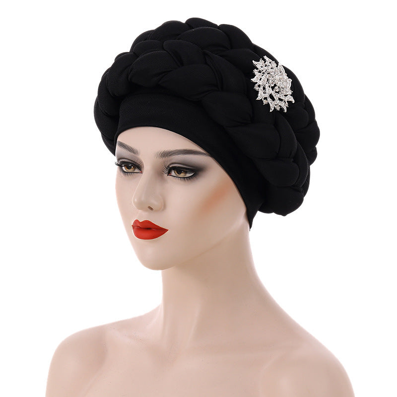 Women’s African Style Braided Turban Hat with Decorative Accessories