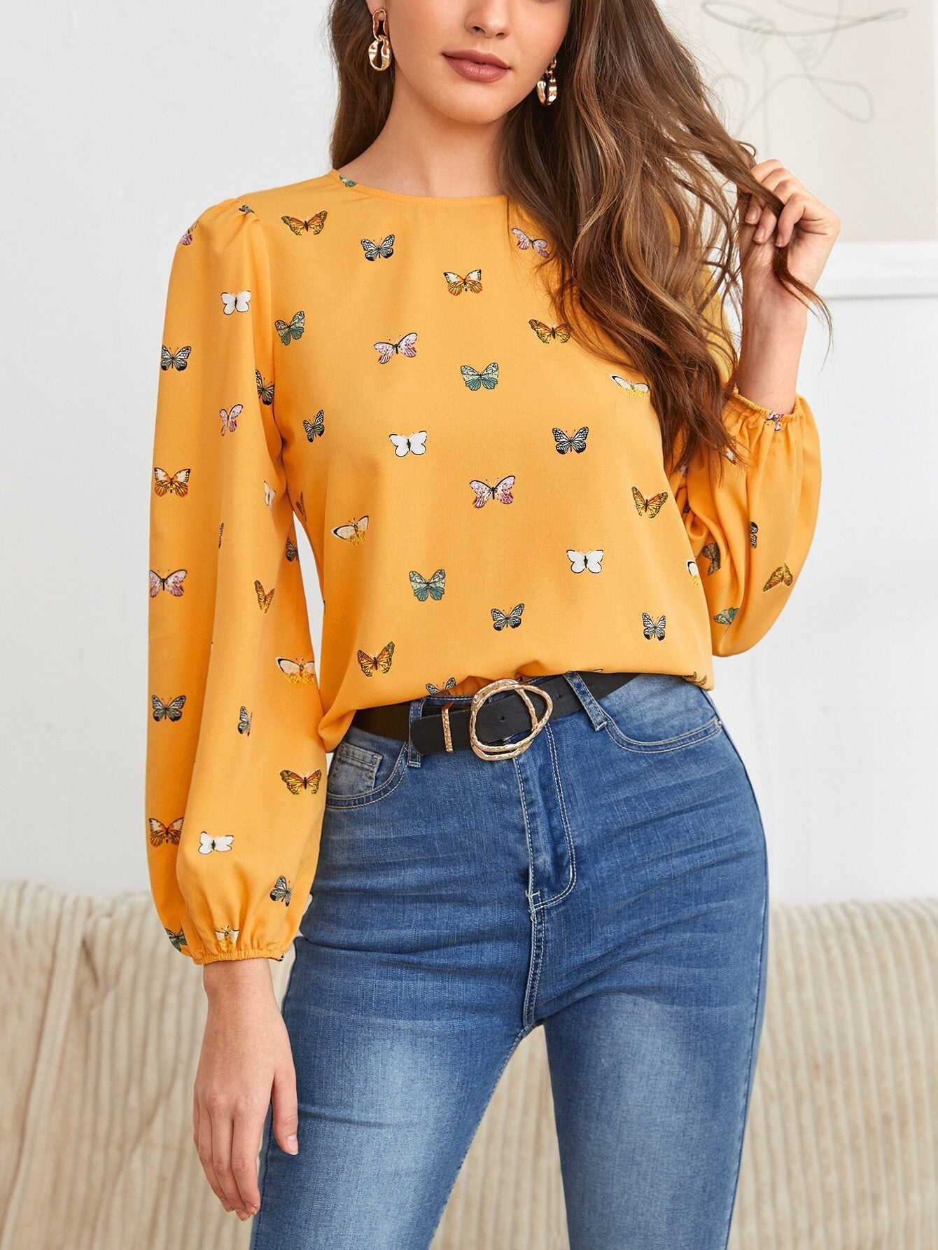 Women’s Long Sleeve Butterfly Print Blouse – Casual Loose Fit Shirt