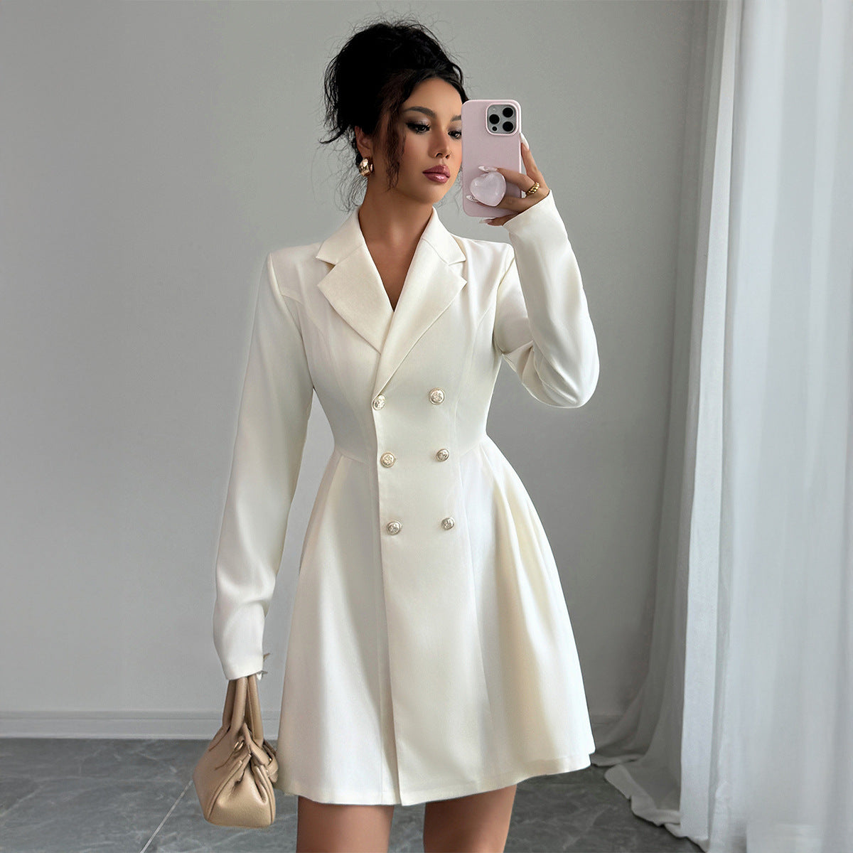 Elegant Women’s Long Sleeve Blazer Mini Dress – White Double-Breasted Suit Dress