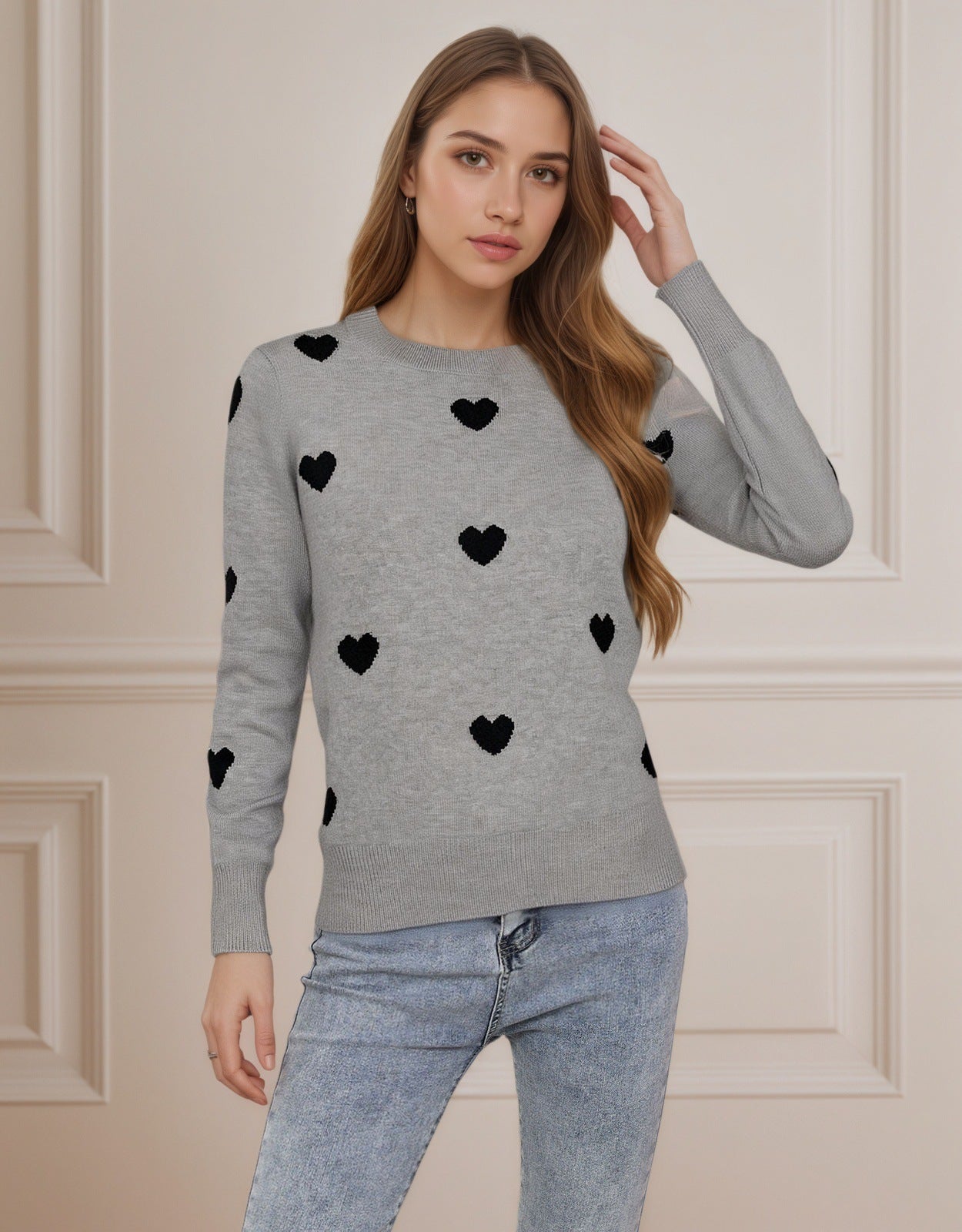 Women’s Heart Jacquard Round Neck Sweater – Cute Valentine’s Day Pullover