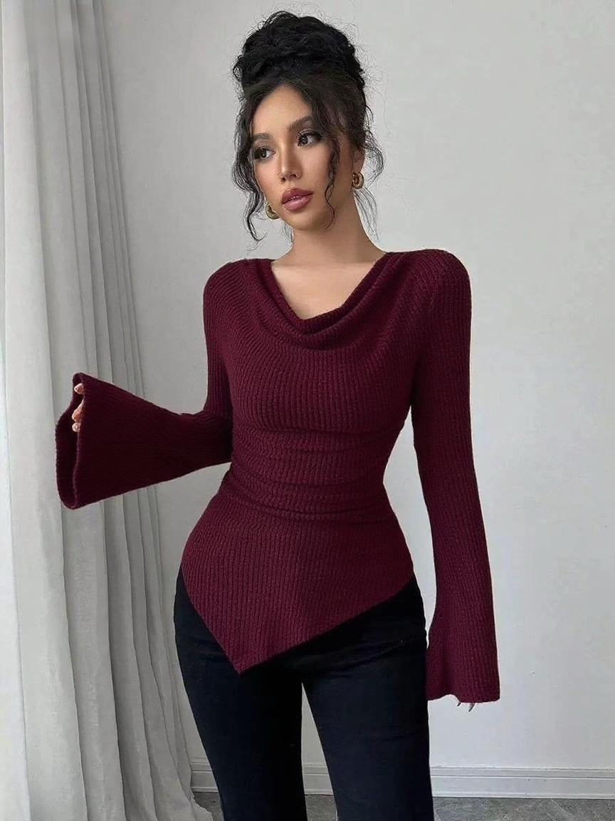 Ribbing Slim Fit Off-Shoulder Knitted Sweater – Women’s Long Sleeve Bell Cuff Pullover