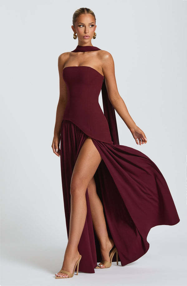 Maliyah Strapless Maxi Dress with High Slit and Scarf Detail