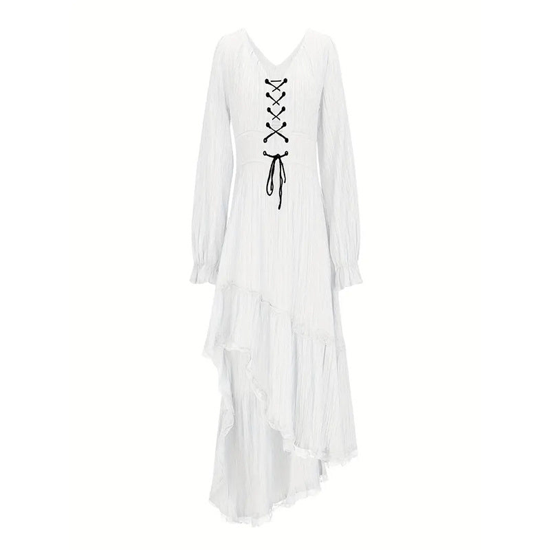 Gothic Deep V-Neck Ruffle Midi Dress with Long Sleeves