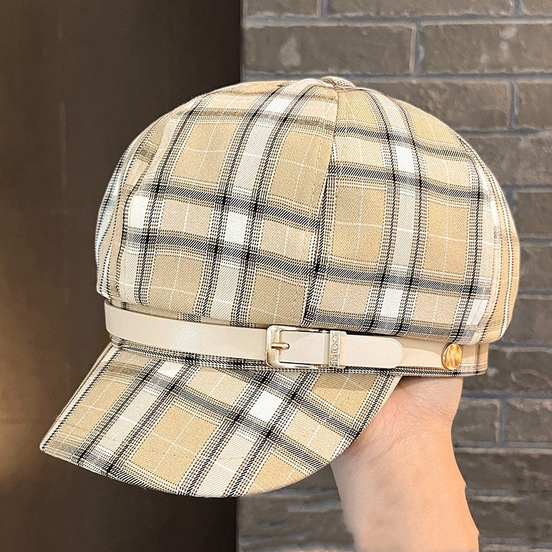 British Retro Plaid Octagonal Hat with Belt – Stylish Dome Cap for Women