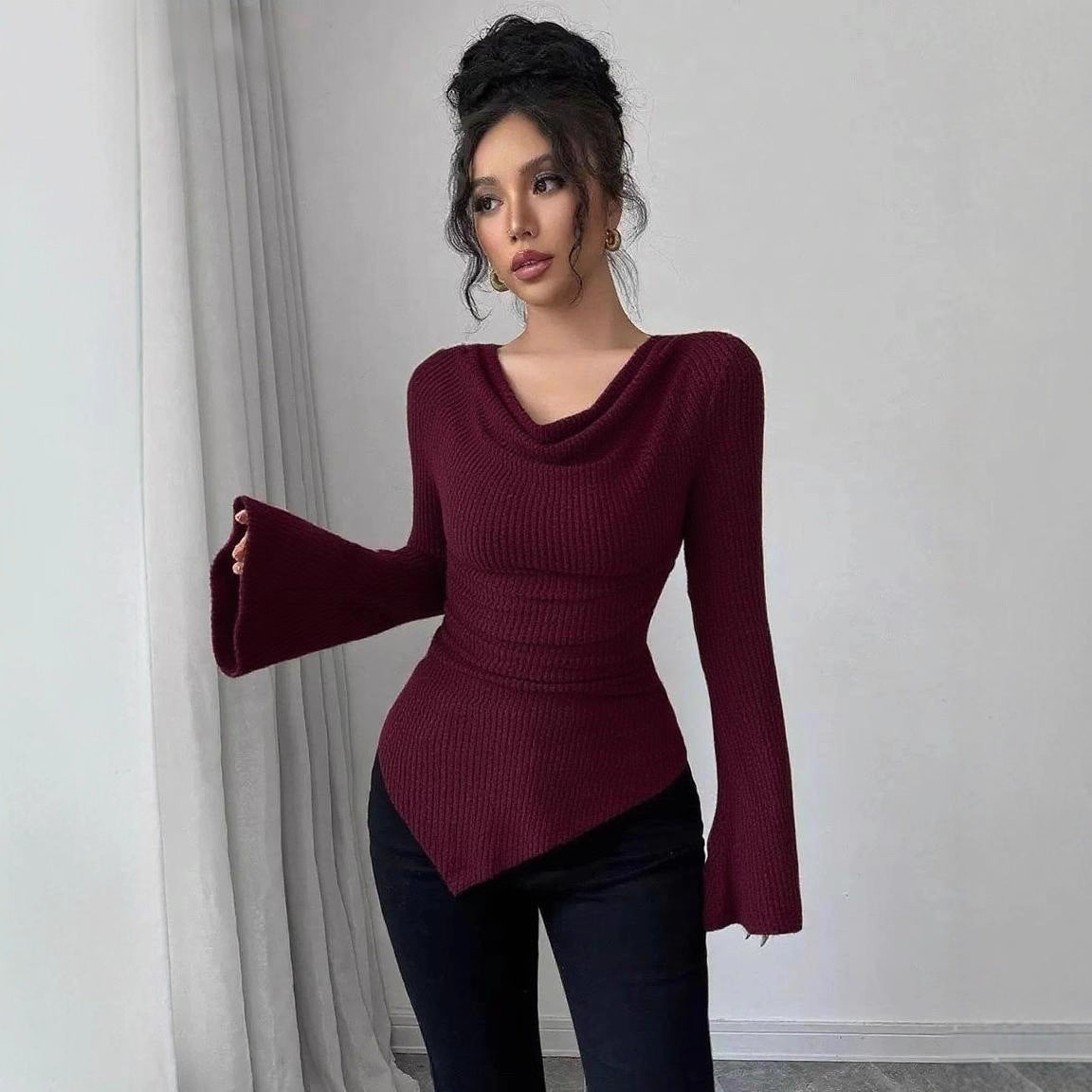 Ribbing Slim Fit Off-Shoulder Knitted Sweater – Women’s Long Sleeve Bell Cuff Pullover