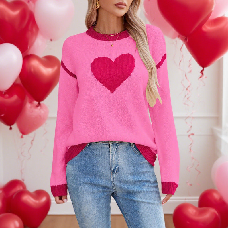 Women’s Pink Heart Knit Sweater – Cozy Round Neck Long Sleeve Pullover