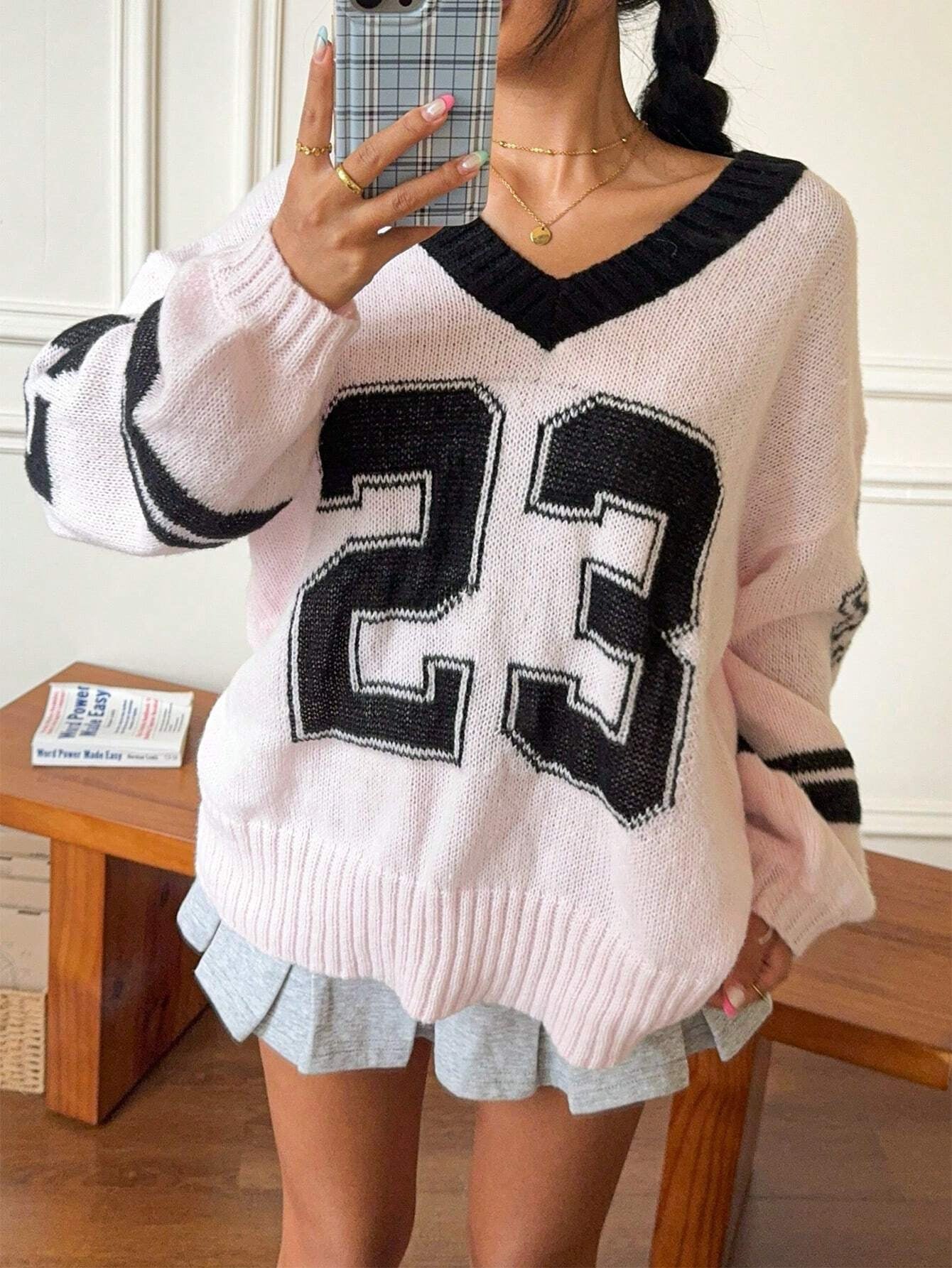 Oversized V-Neck Number Print Loose Fit Sweater – Casual Streetwear