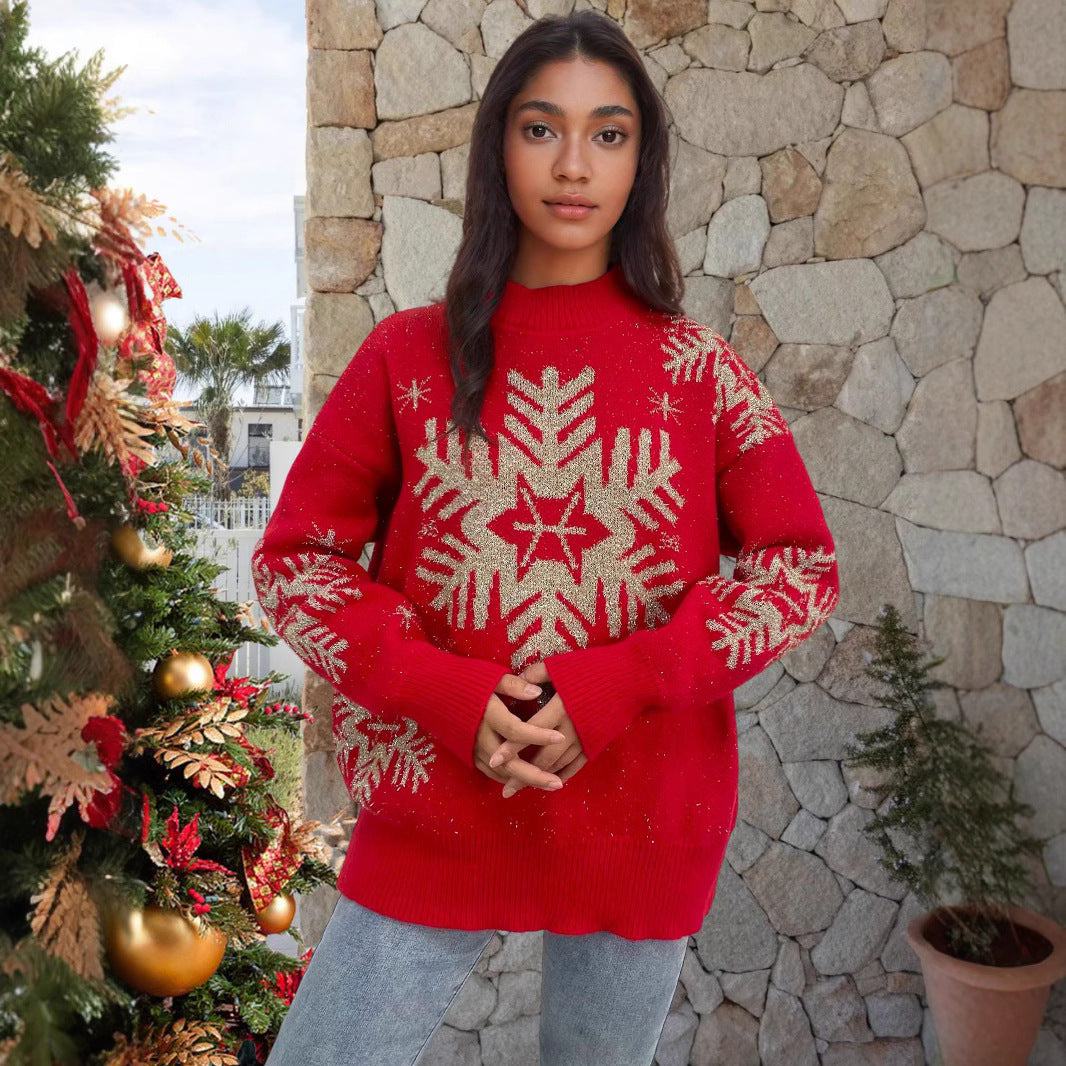 Women’s Red Christmas Sweater with Snowflake Pattern