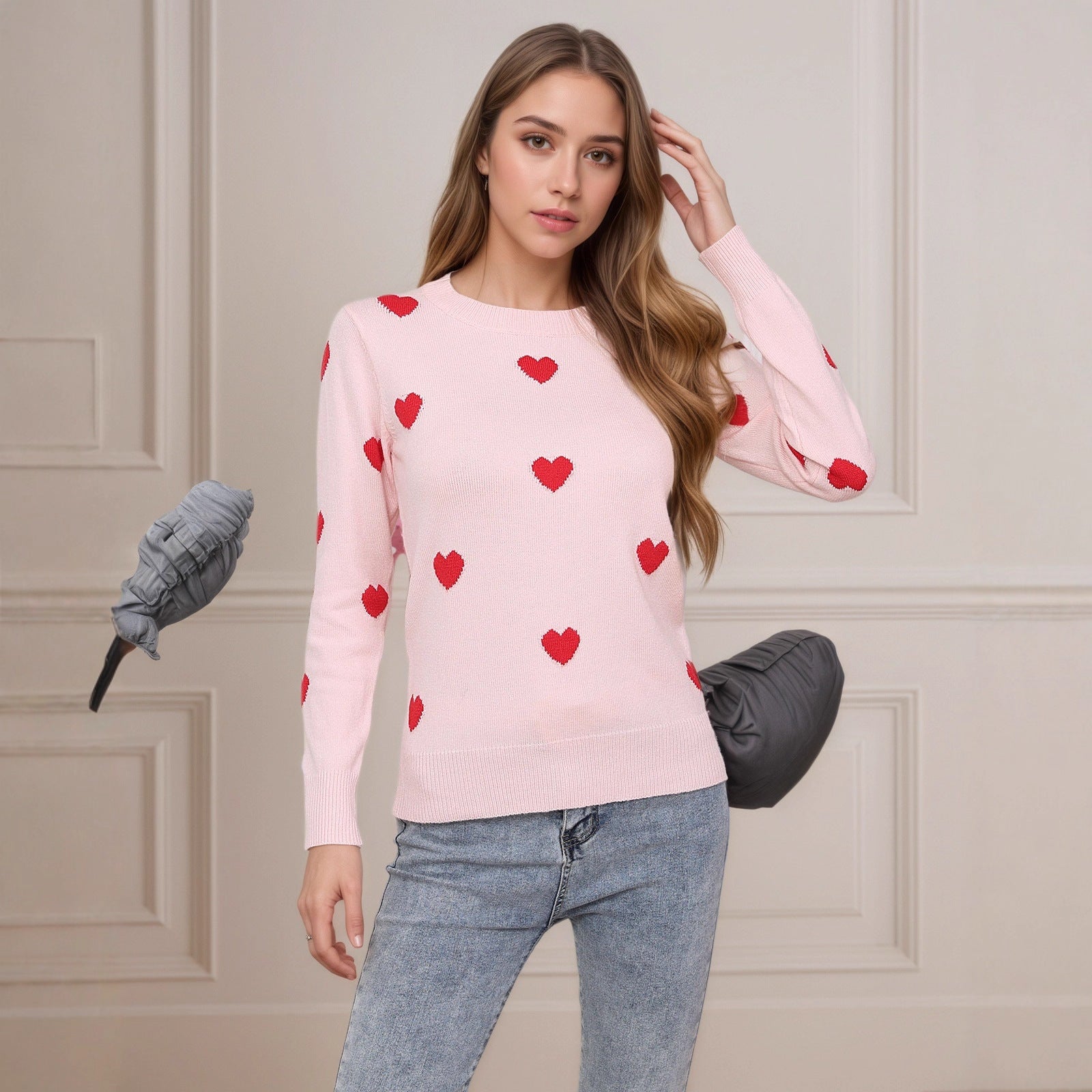 Women’s Heart Jacquard Round Neck Sweater – Cute Valentine’s Day Pullover
