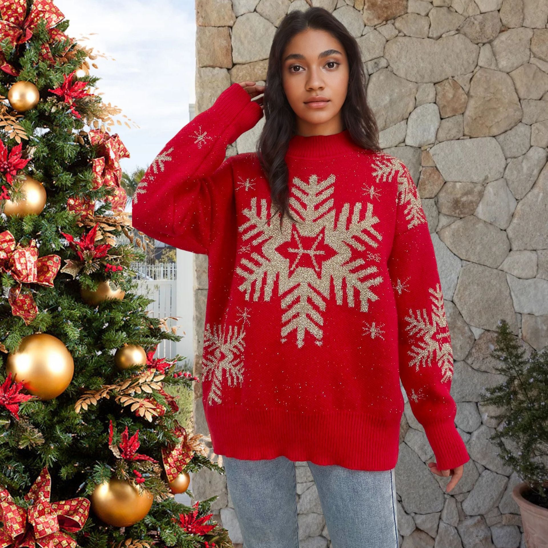 Women’s Red Christmas Sweater with Snowflake Pattern