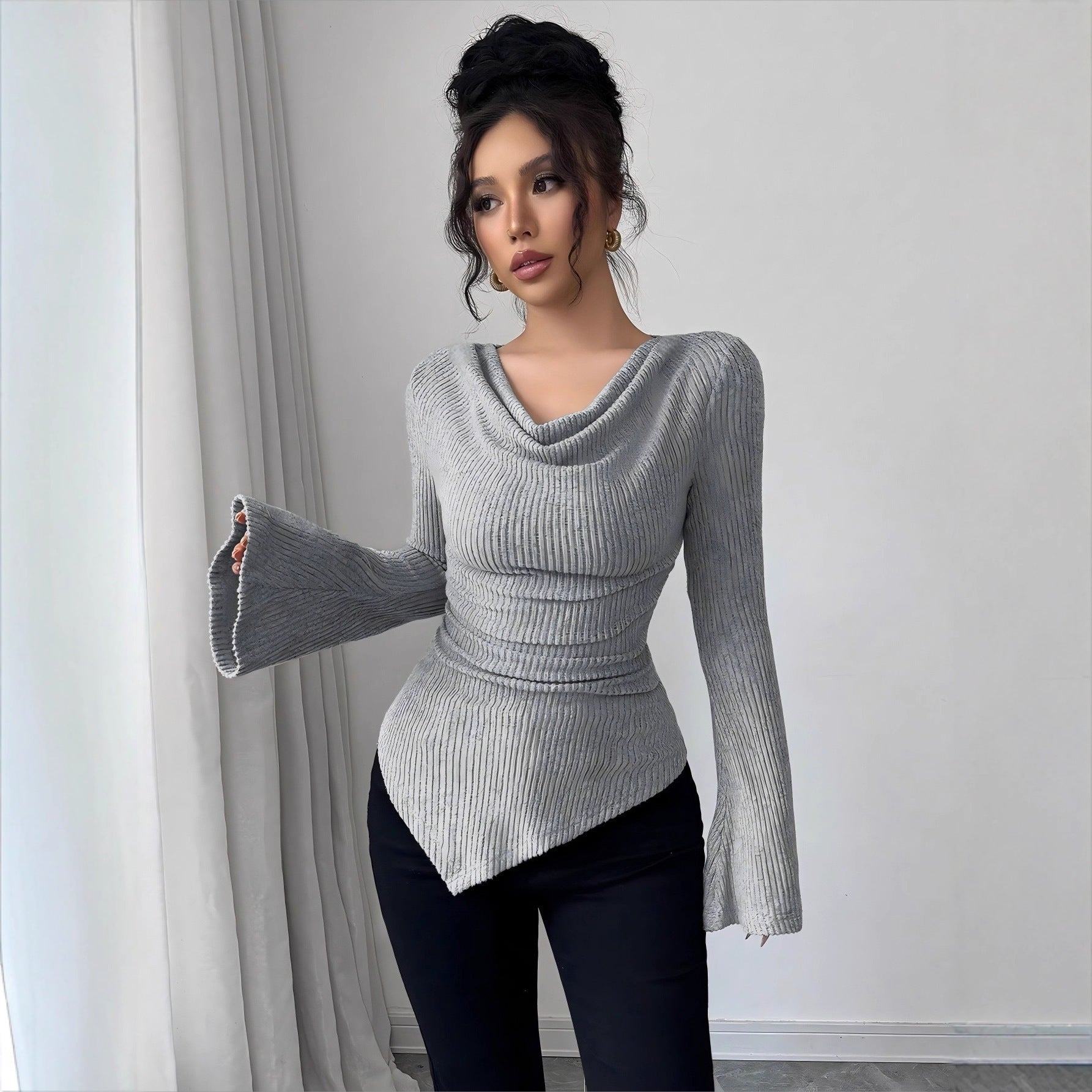 Ribbing Slim Fit Off-Shoulder Knitted Sweater – Women’s Long Sleeve Bell Cuff Pullover