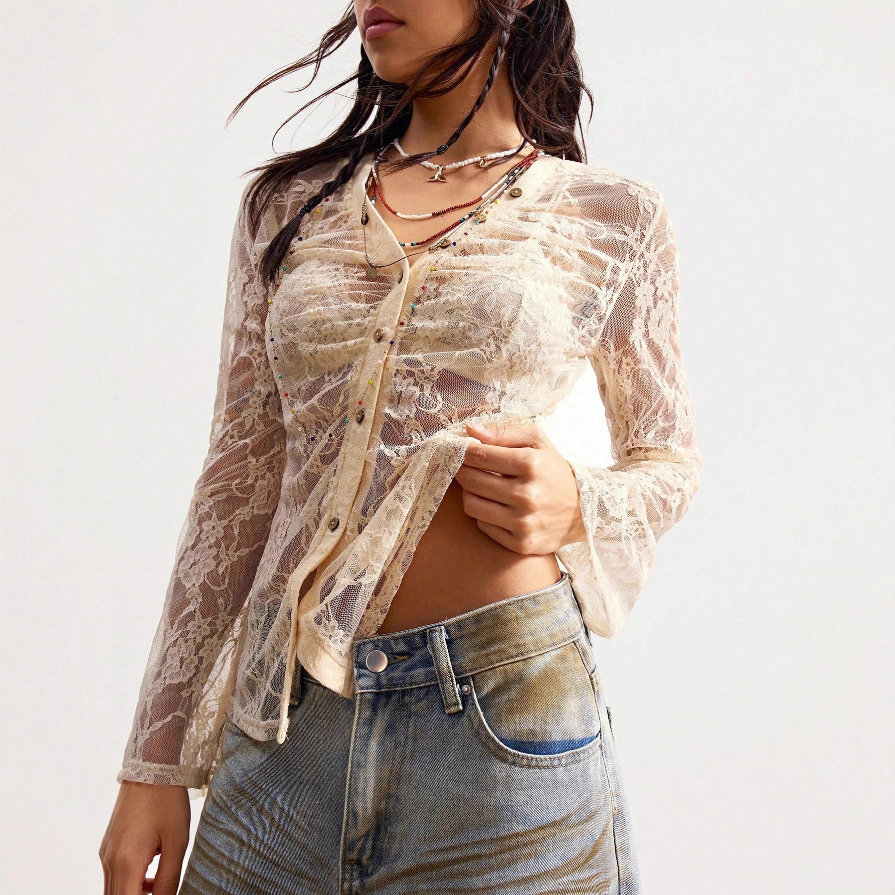 Elegant Sheer Lace Long Sleeve Blouse