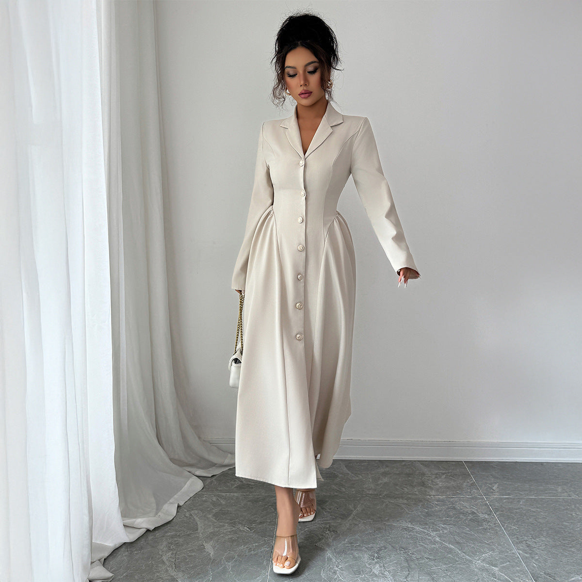 Elegant Apricot Long Sleeve Midi Dress