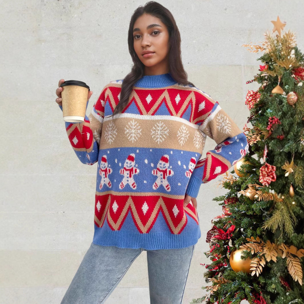 Loose Retro Christmas Sweater with Snowman Print – Women’s Festive Winter Pullover