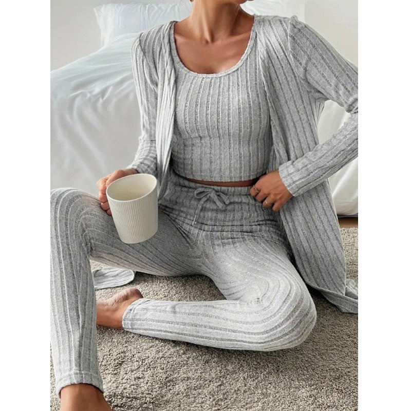 Women’s 3-Piece Casual Loungewear Set – Cardigan, Crop Top & Pants
