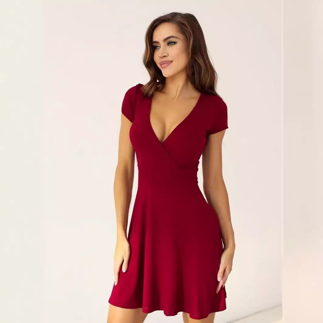 Women’s Knitted V-Neck Short Sleeve Mini Dress