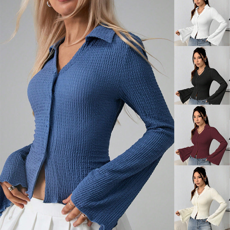 Shoulder Bell Sleeve Solid Color Knit Top