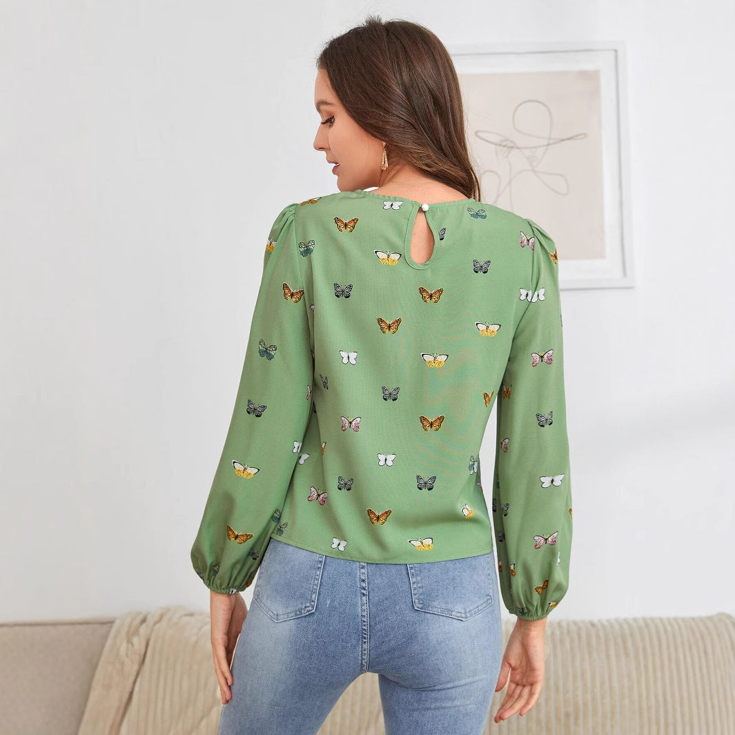 Women’s Long Sleeve Butterfly Print Blouse – Casual Loose Fit Shirt