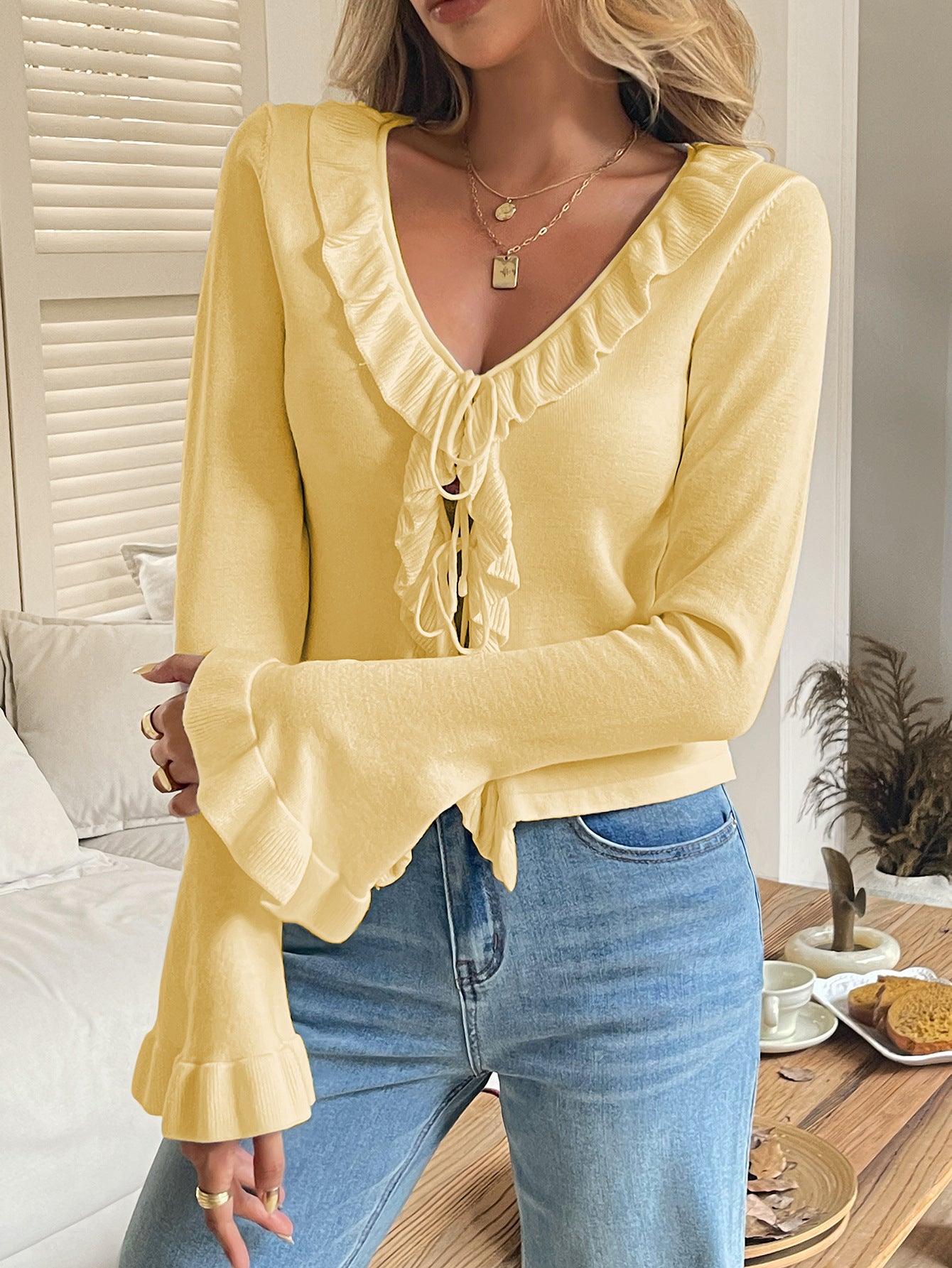 Women’s Long Sleeve Tied Sweater – Elegant V-Neck Blouse with Ruffles