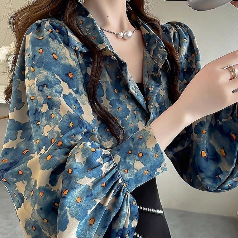 Women’s Elegant Floral Print Lantern Sleeve Blouse – Temperament Slim Fit Shirt