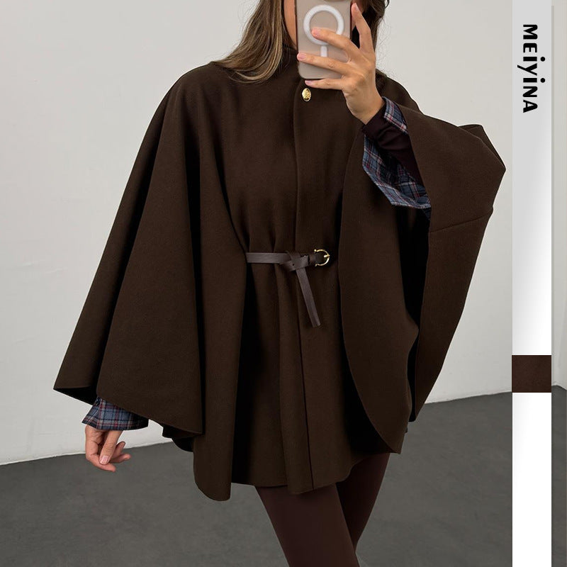 Winter Elegant Woolen Cape Coat – Mid-Length Belted Poncho Style