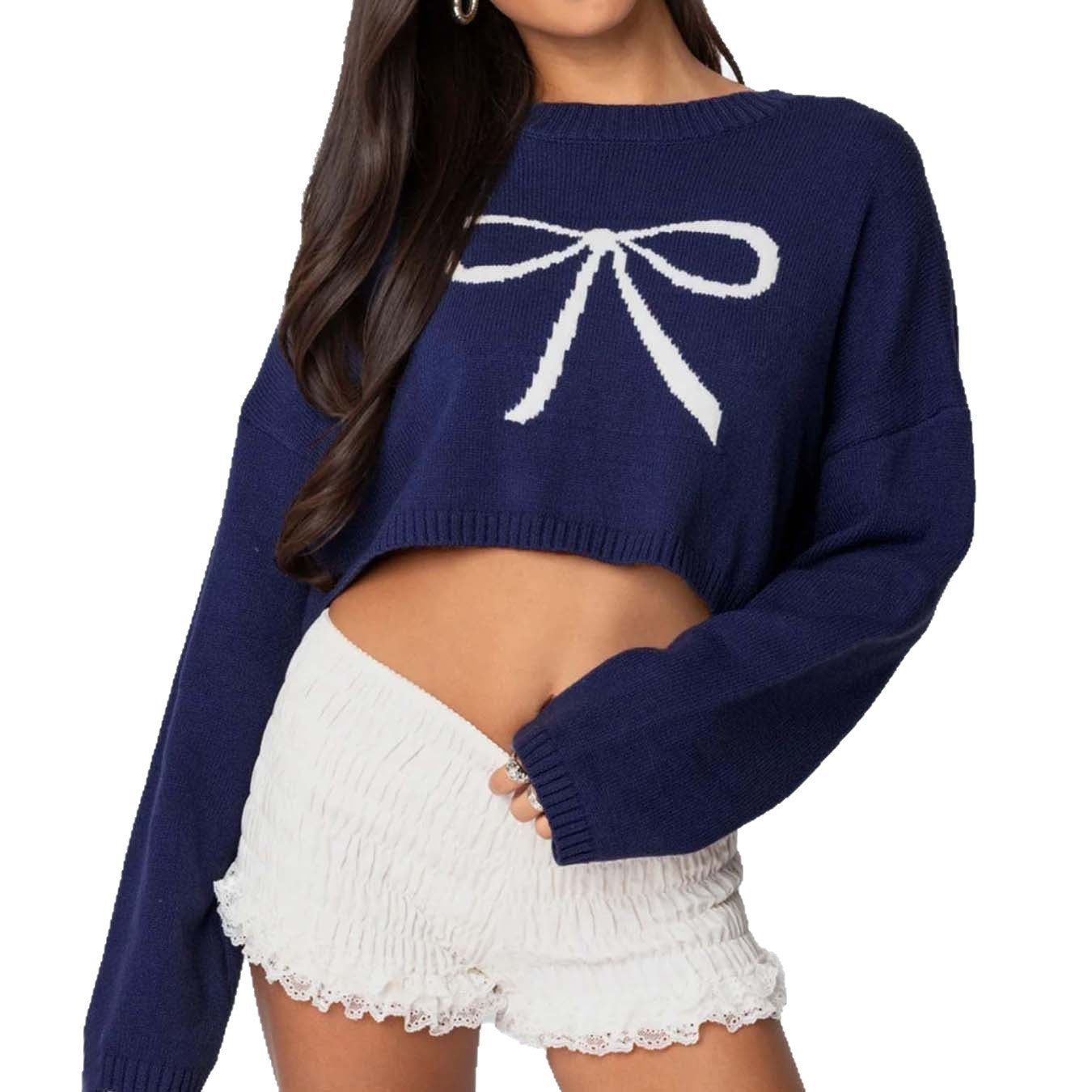 Pullover Cropped Sweater for Women with Bow Design