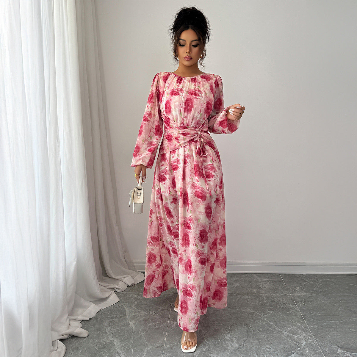 Elegant Women’s Floral Printed Long Sleeve Maxi Dress with Puff Sleeves
