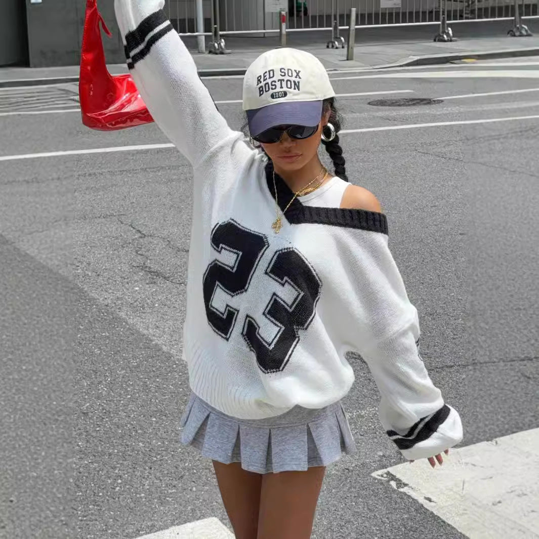 Oversized V-Neck Number Print Loose Fit Sweater – Casual Streetwear