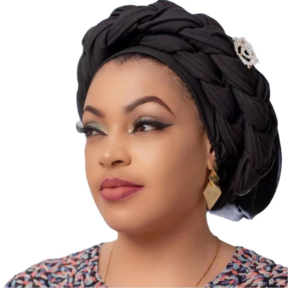Women’s African Style Braided Turban Hat with Decorative Accessories