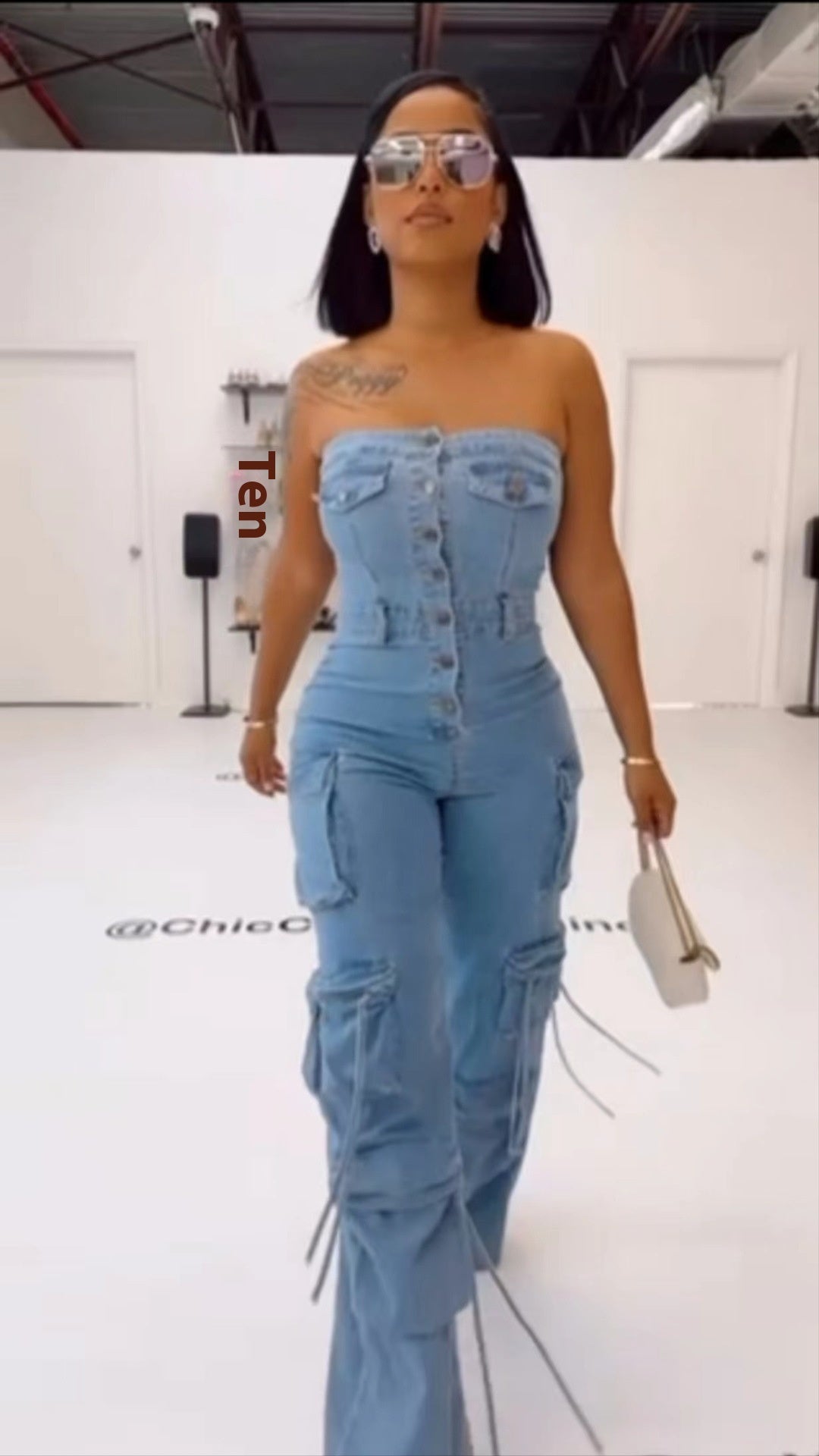 Tube Top Denim Jumpsuit with Multi-Pocket Design – Button-Up Casual Romper