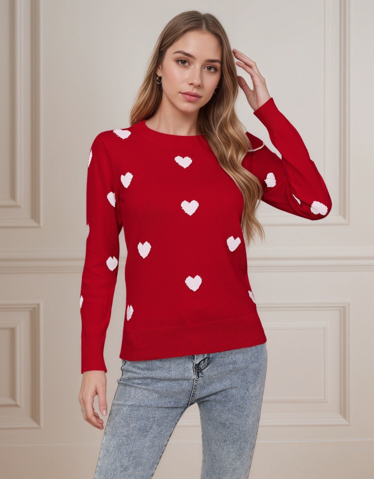 Women’s Heart Jacquard Round Neck Sweater – Cute Valentine’s Day Pullover