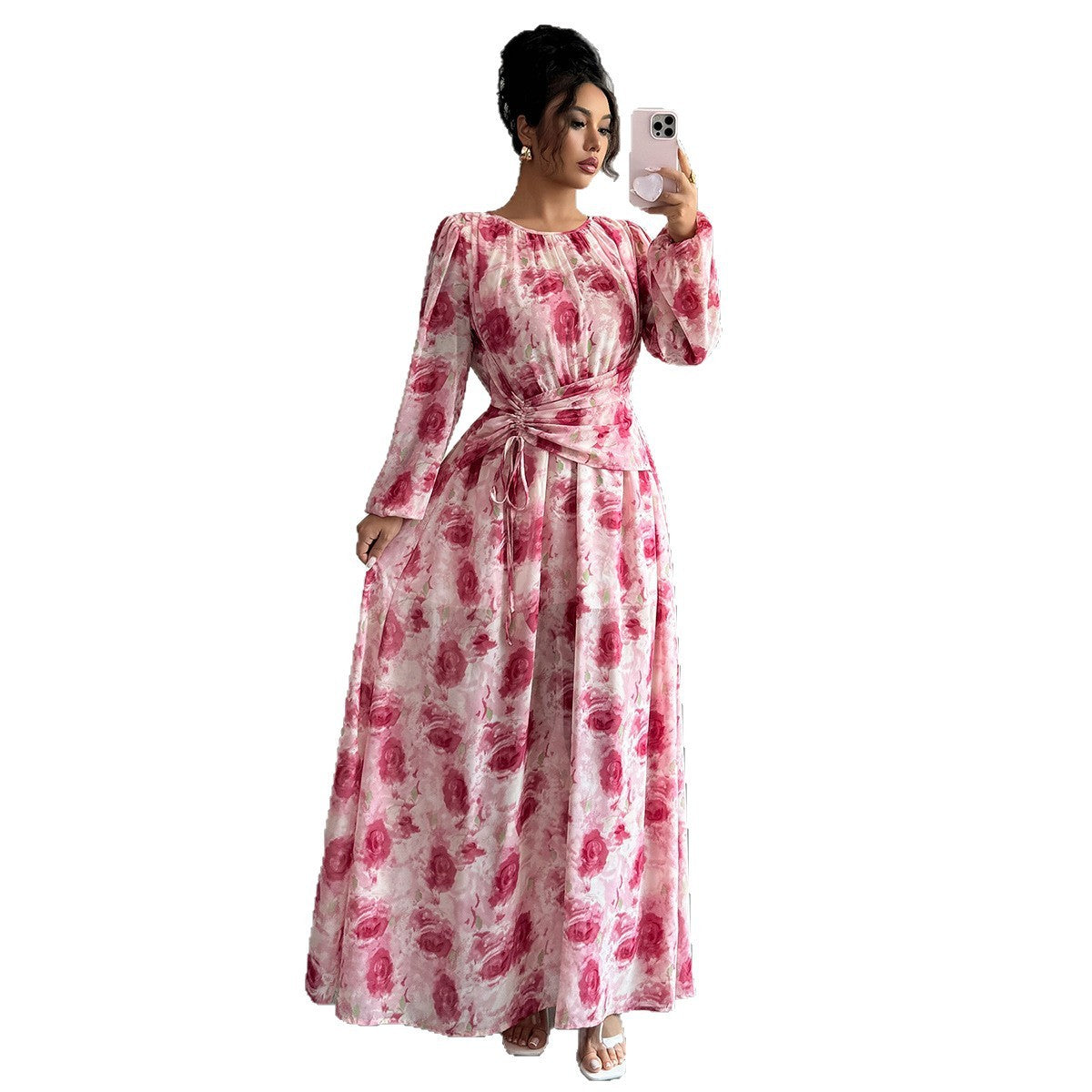 Elegant Women’s Floral Printed Long Sleeve Maxi Dress with Puff Sleeves