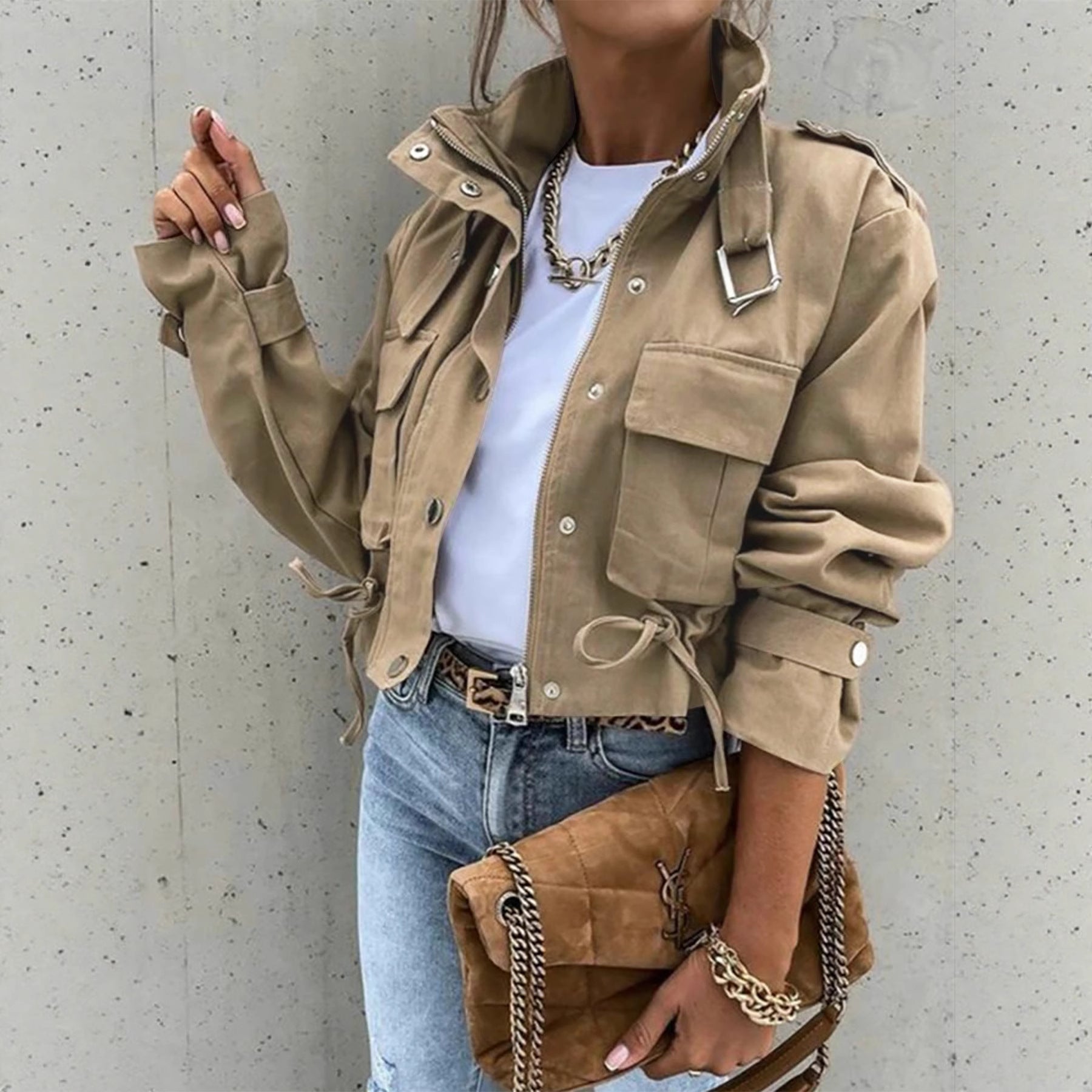 Women’s Casual Short Zipper Coat – Single-Breasted Long Sleeve Jacket with Pockets