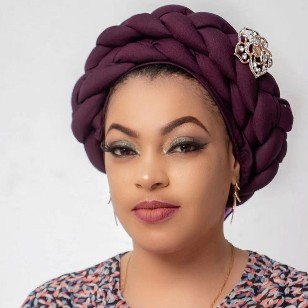 Women’s African Style Braided Turban Hat with Decorative Accessories