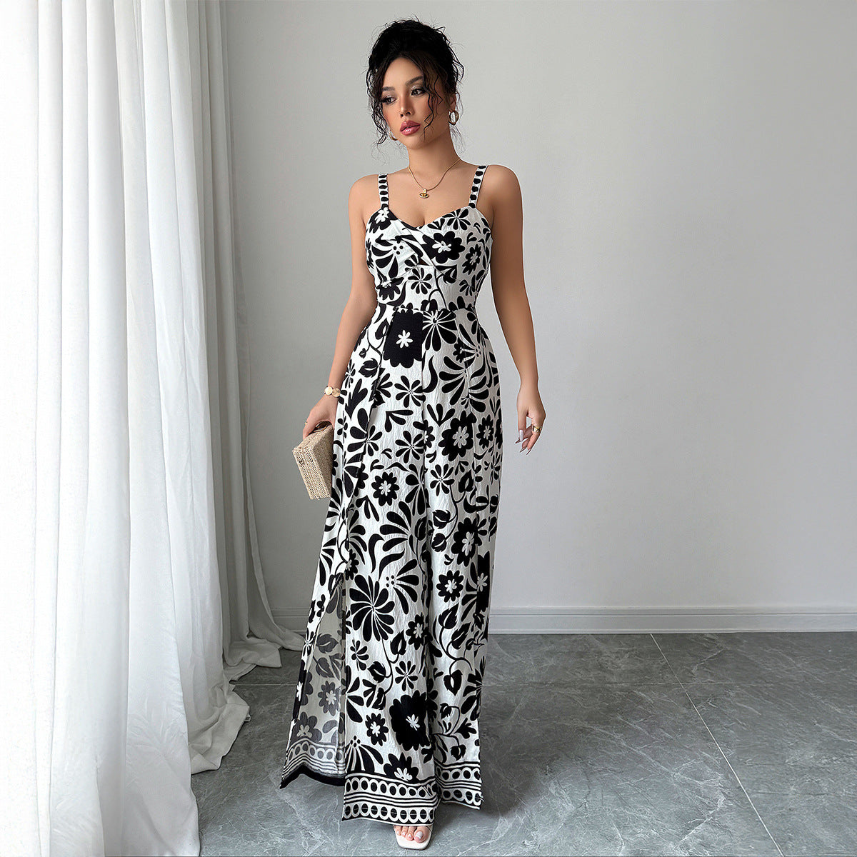 Elegant Graceful Printed Suspender Long Dress Women