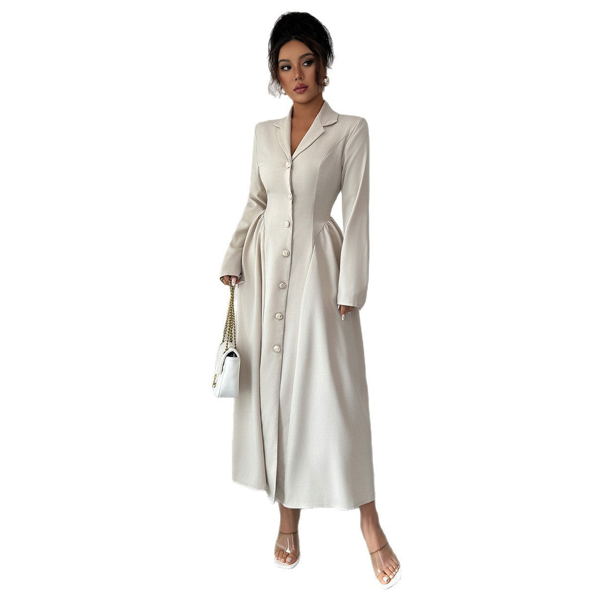 Elegant Apricot Long Sleeve Midi Dress