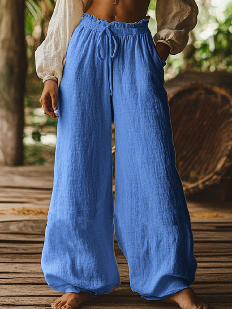 Casual Wide Leg Pants with Elastic Waist & Drawstring – Boho Summer Trousers