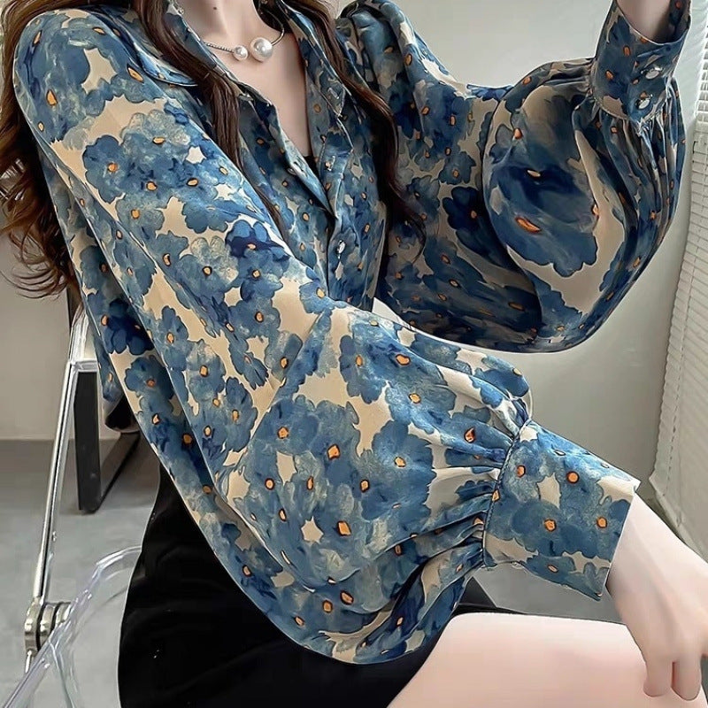 Women’s Elegant Floral Print Lantern Sleeve Blouse – Temperament Slim Fit Shirt