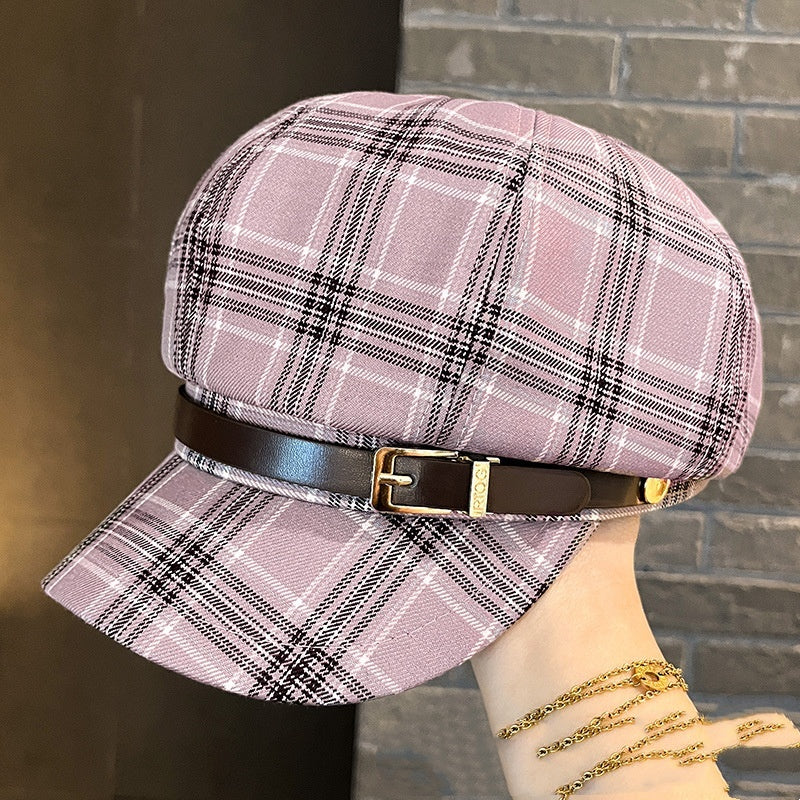 British Retro Plaid Octagonal Hat with Belt – Stylish Dome Cap for Women