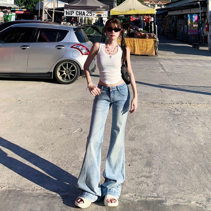 American Retro Low Waist Bell Bottom Jeans – Slim Fit Stretch Denim Pants for Women