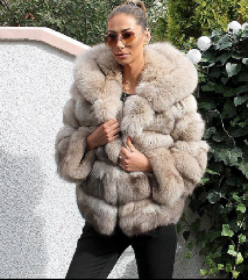 Women’s Hooded Faux Fur Winter Jacket – Warm Plush Coat with Long Sleeves