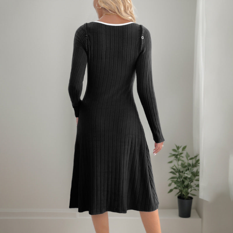 Elegant Style Detachable Long Sleeve V-Neck Knitted Dress