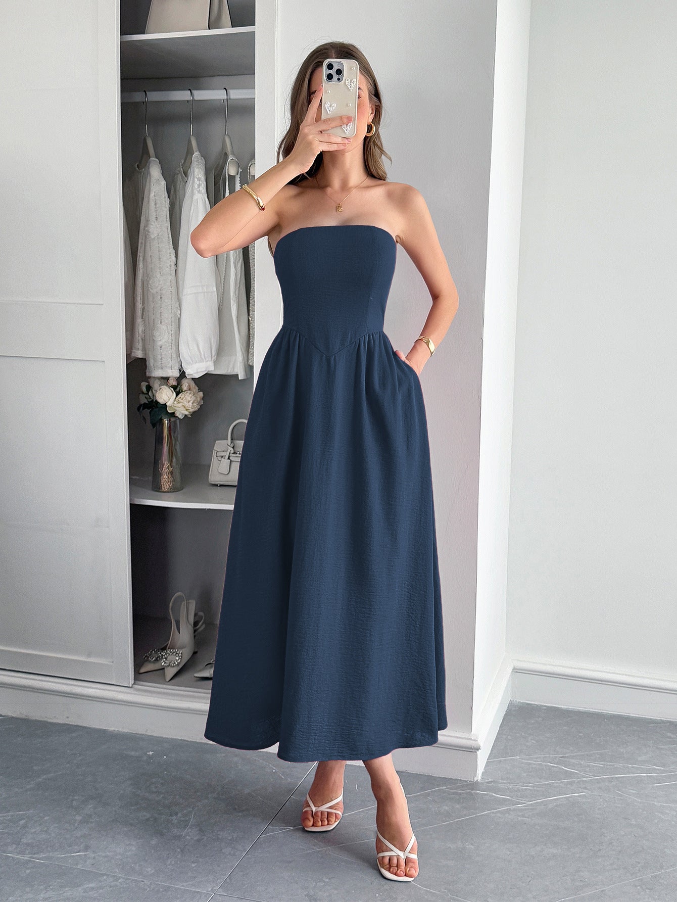 Women’s High Waist Strapless Tube Top Dress Elegant Evening Midi Dress