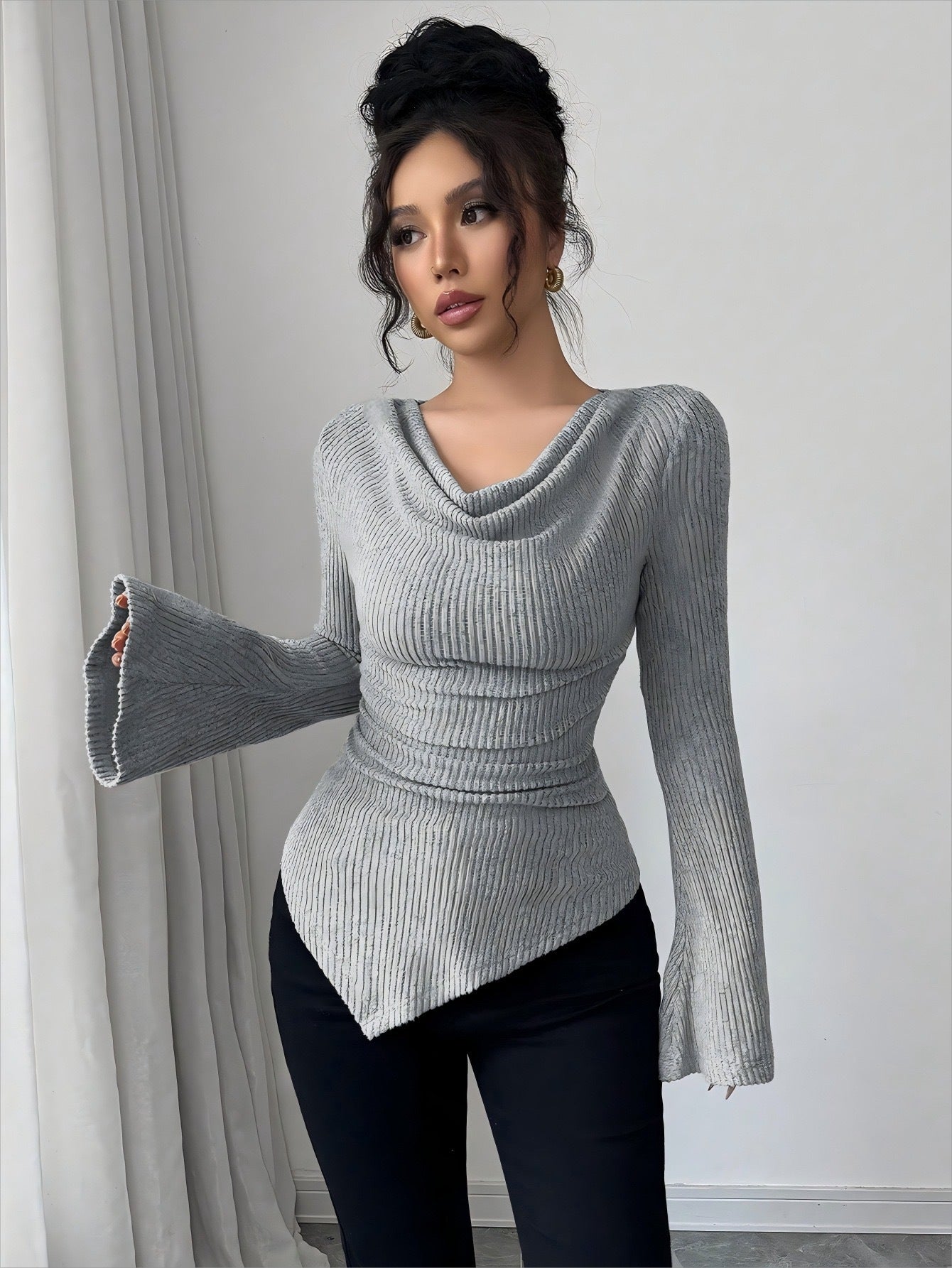 Ribbing Slim Fit Off-Shoulder Knitted Sweater – Women’s Long Sleeve Bell Cuff Pullover