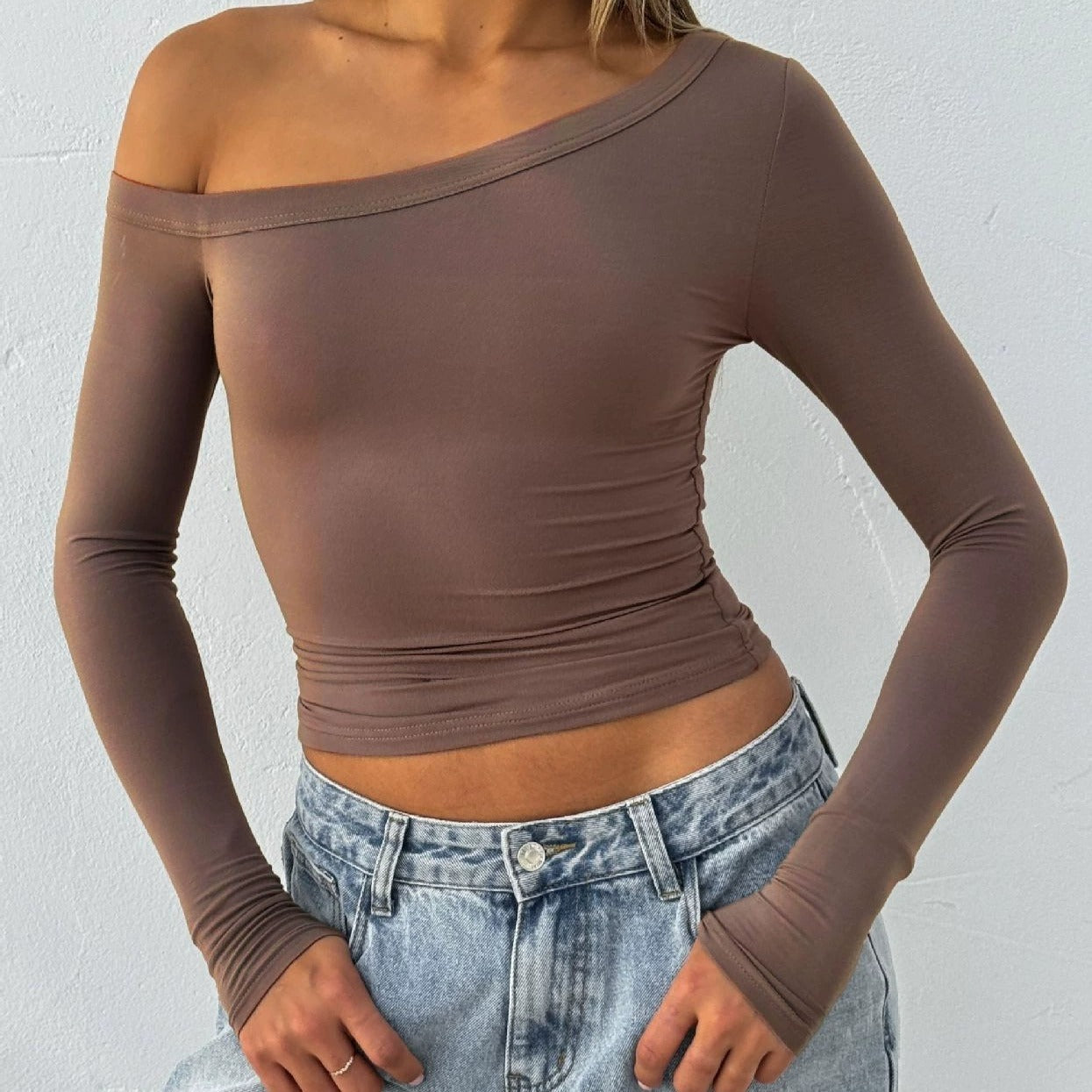 Women’s One Shoulder Long Sleeve Knit Top – Slim Fit Pullover